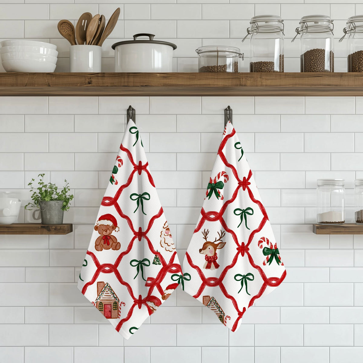 Traditional Christmas kitchen essentials
Vintage holiday kitchen decor
Classic Christmas kitchen styling
whimsical holiday towel with gingerbread and teddy bears